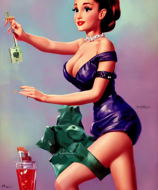 Image similar to epic full body portrait of Ariana Grande pinup style by Gil Elvgren, standing up, elegant, digital painting, trends on artstation, concept art