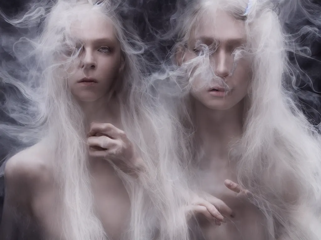 Prompt: cinestill 5 0 d of a delicate, dreamy, subsurface scattering, white, young beautiful bio - mechanical opal cyborg by paolo roversi, long white hair floating in air, fluid smoke art, octane render, dino valls, highly detailed, head in focus, cinematic lighting, hyper realism, 8 k