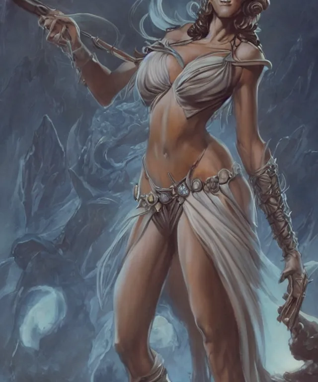 Prompt: close-up of a beautiful female wizard, beautiful clothes, style of Boris Vallejo and Frank Frazetta, very detailed, fantasy art, trending on artstation and deviantart