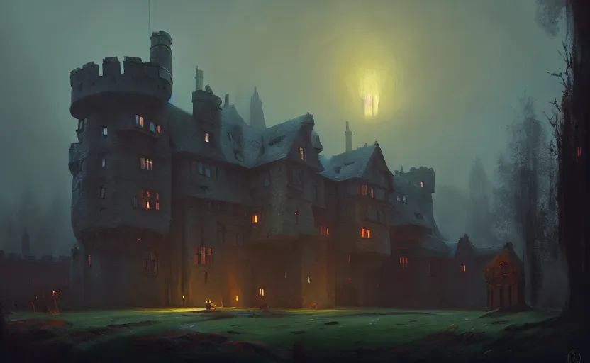 Prompt: an old english castle with moody and cinematic lighting by greg ruthkowski and simon stalenhag jama jurabaev and illya repin, cinematic and atmospheric, concept art, artstation, trending on artstation