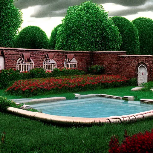 Image similar to hyperrealism photography computer simulation visualisation of detailed old bath in the detailed ukrainian village garden in dramatic scene from movie the big lebowski ( 1 9 9 8 )