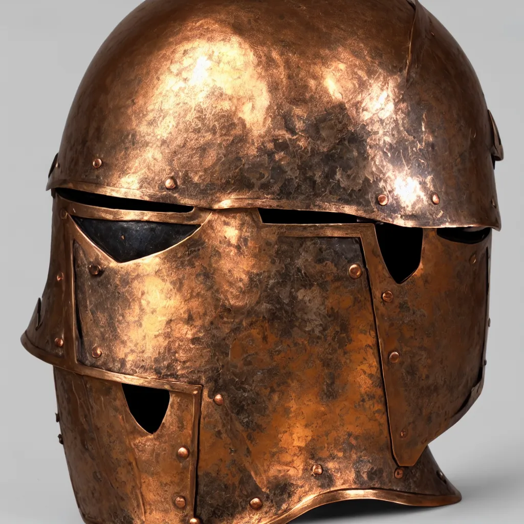 Image similar to a presentation photo of a duel knight's helmet that is made of copper and gold, beautiful ornated details