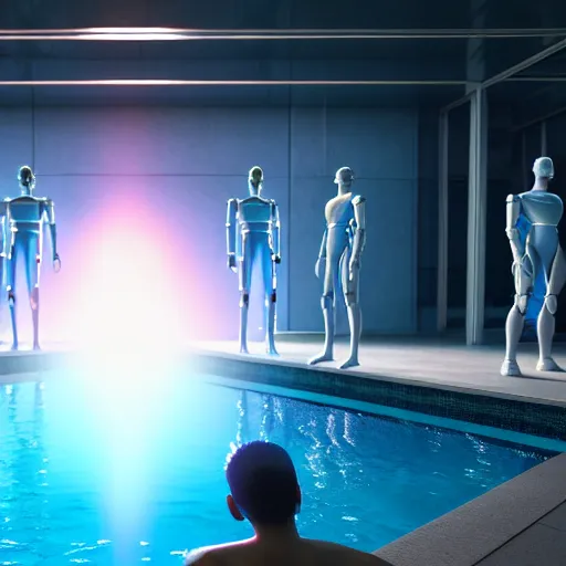 Prompt: a group of androids about to jump in a swimming pool ultra realistic, lens flare, atmosphere, glow, detailed, intricate, full of colour, cinematic lighting, trending on artstation, 4 k, hyperrealistic, focused, extreme details, unreal engine 5, cinematic, masterpiece, ultra realistic, hyper realistic, highly detailed, sharp focus, digital art