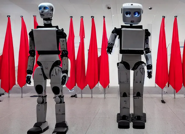 Image similar to dystopian art, humanoid robot dictator giving a propaganda speech to human like robots surround by two large red flags with robot heads on them