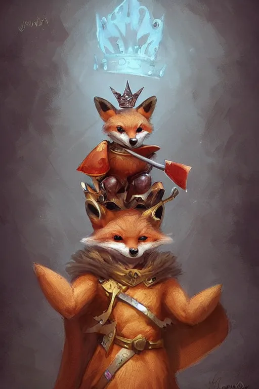 Image similar to cute little anthropomorphic foxy knight wearing a cape and a crown, tiny, small, miniature fox, baby animal, short, pale blue armor, cute and adorable, pretty, beautiful, DnD character art portrait, matte fantasy painting, DeviantArt Artstation, by Jason Felix by Steve Argyle by Tyler Jacobson by Peter Mohrbacher, cinematic lighting