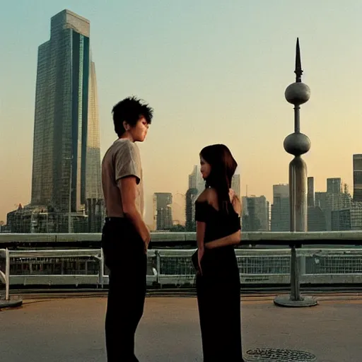 Prompt: a small rooftop with a couple of modern teenagers, standing and talking to each other, wearing black modern clothes, modern shanghai bund is on the background, sunset, by gregory crewdson