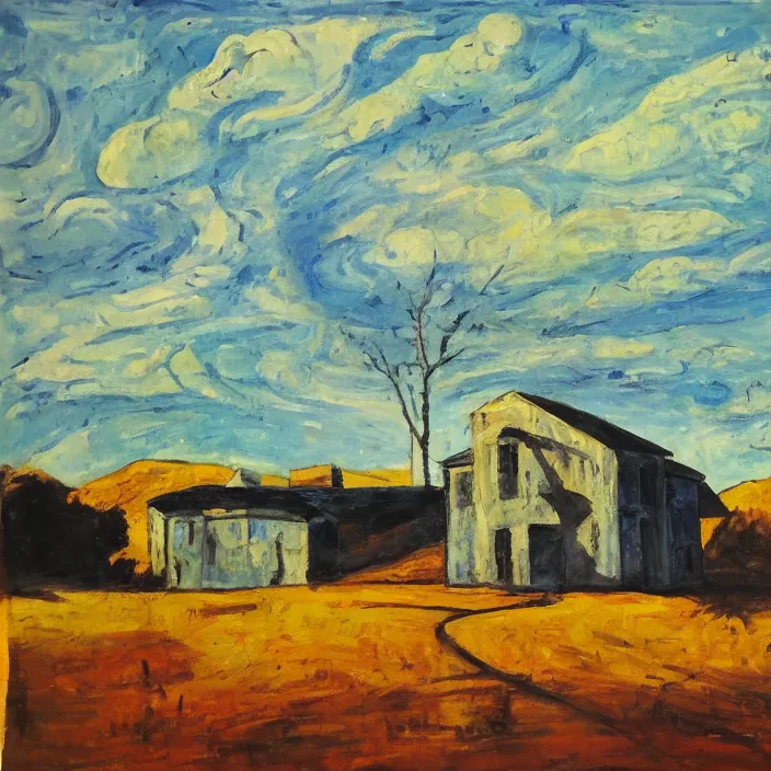 Image similar to a building in a serene landscape, expressionism