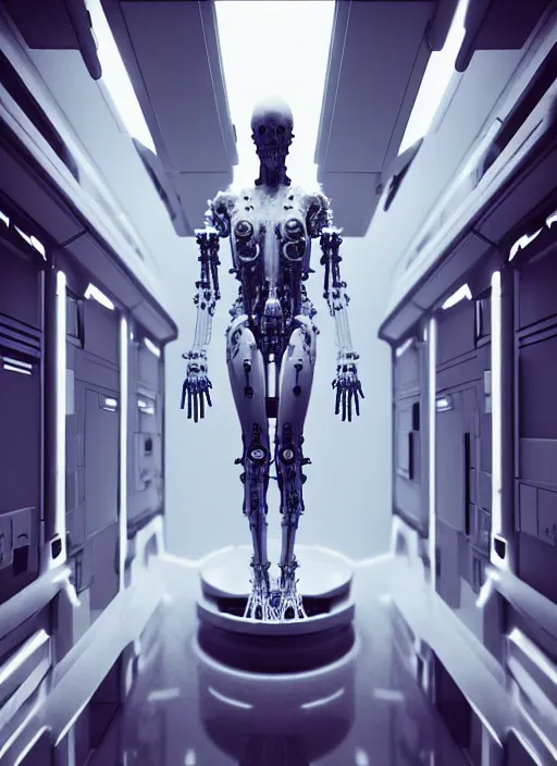 Image similar to dark high detailed space station interior a statue jesus on cross made of white marble, perfect symmetrical body, full body shot, inflateble shapes, wires, tubes, veins, jellyfish, white biomechanical details, wearing epic bionic cyborg implants, masterpiece, intricate, biopunk, vogue, highly detailed, artstation, concept art, cyberpunk, octane render