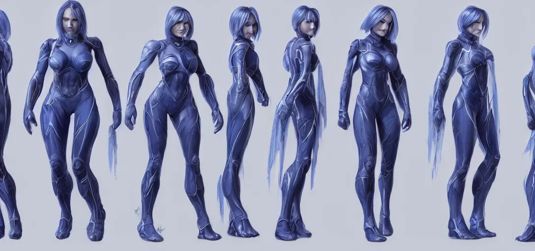 Image similar to character sheet concept art of cortana, realistic, hyper realistic, photographic, costume, by marc brunet and artgerm