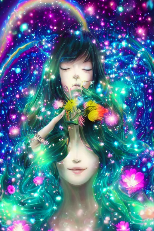 Image similar to psychedelic, whimsical, anime, 4k, beautiful intimate woman blowing smoke, with professional makeup, long trippy hair, a crystal and flower dress, sitting in a reflective pool, surrounded by gems, underneath the stars, rainbow fireflies, trending on patreon, deviantart, twitter, artstation, volumetric lighting, heavy contrast, art style of Ross Tran and Miho Hirano anc Ilya Kuvshinov