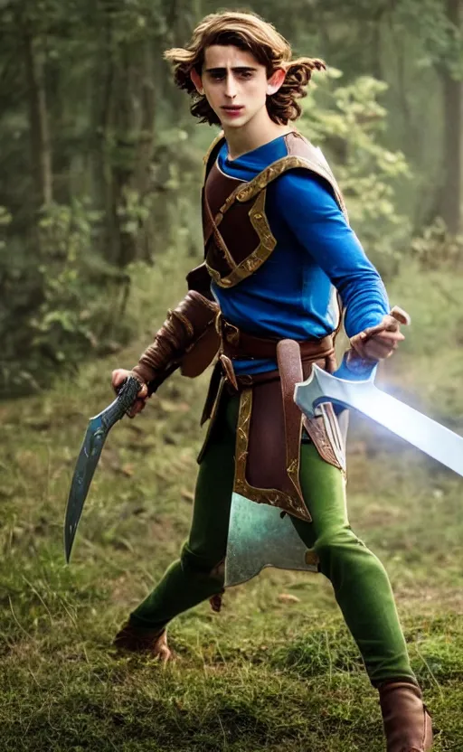 Prompt: epic cinemati shot of Timothee Chalamet starring as Link from Legend of Zelda, 8k movie scene, elf ears, long blonde blonde hair, green clothes, blue eyes, ++++++ super super super dynamic action posing, super serious facial expression, holding a sword & shield, ocarina of time movie, concept photos, dynamic lighting, dynamic shaders, night time, in the forest, fairy light above him