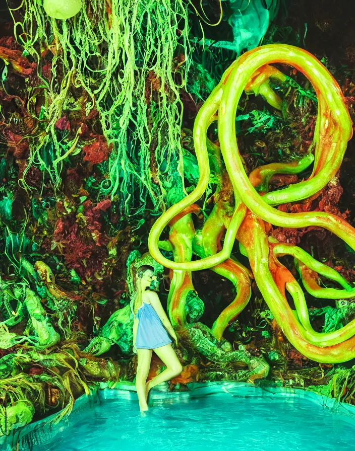 Prompt: slimy alien with a long nose standing in a florescent pool, tentacles and fungus growing out of pool, swampy atmosphere, cinematic lighting, vibrant colors, shot on superia 400 film stock,