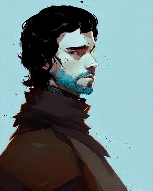 Image similar to portrait of raven male lord from game of thrones by atey ghailan, by greg rutkowski, by greg tocchini, by james gilleard, by joe fenton, by kaethe butcher, dynamic lighting, gradient light blue, brown, blonde cream and white color scheme, grunge aesthetic