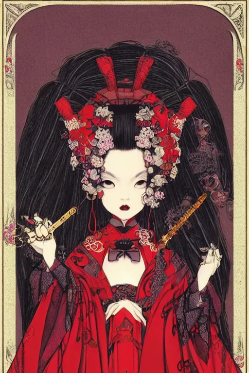 Image similar to 7 0 s album cover of an avant - garde japanese bjd geisha vampire queen with in victorian red dress in the style of dark - fantasy lolita fashion painted by yoshitaka amano, takato yamamoto, christopher shy, dmt art, symmetrical vogue face portrait, intricate detail, artstation, cgsociety, artgerm, gold skulls, rococo