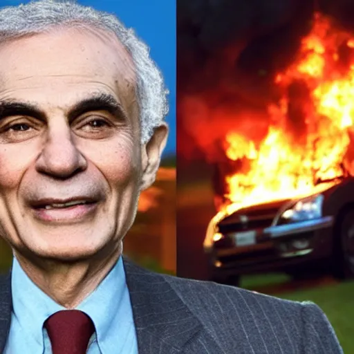 Image similar to ralph nader presidential campaign where he sets a bunch of cars on fire, green peace,