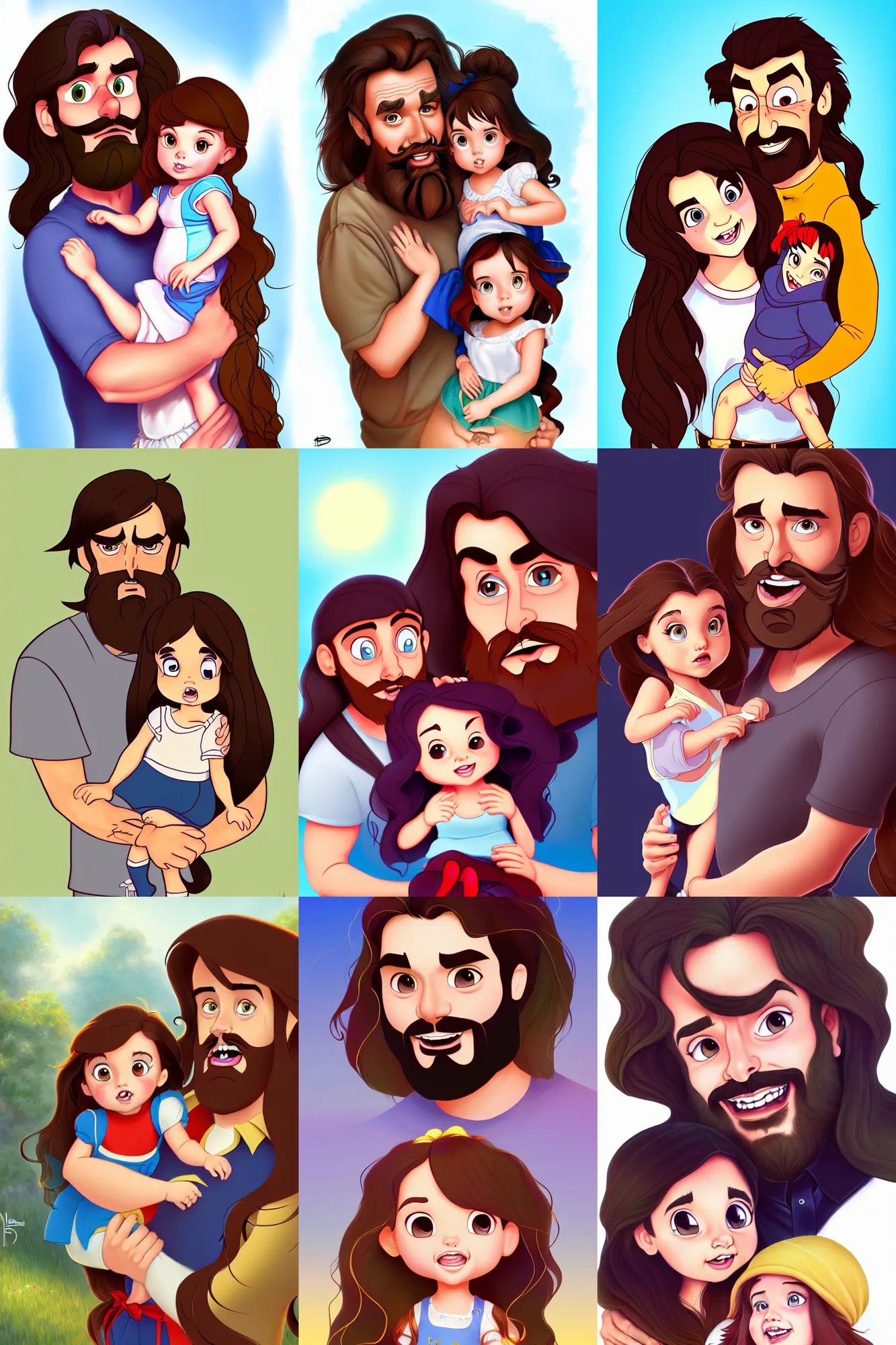 Image similar to a long - haired bearded father and his cartoonish brunette child toddler girl full color digital illustration in the style of don bluth, artgerm, artstation trending, 4 k