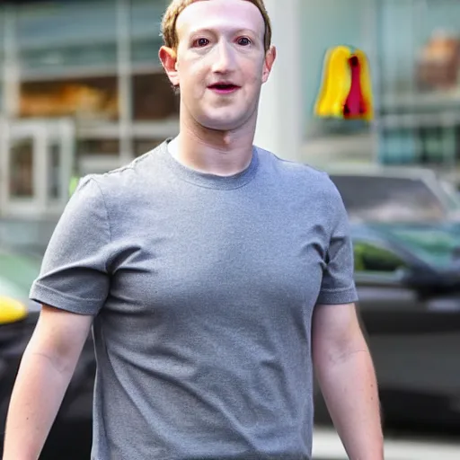 Image similar to mark Zuckerberg wearing a McDonald’s employee outfit