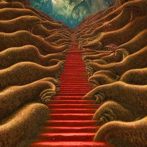 Image similar to intricate stunning highly detailed illustration of the inca lost city of gold, red blood blood blood rivers running through stairs, blood red 🌱, by agostino arrivabene and vladimir kush, surreal, digital painting, ultra realistic, dramatic lighting, twisted vines, lush plants, gold, inca, pristine water, artstation