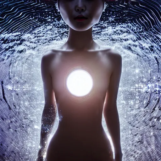 Image similar to beautiful centered fine art photo portrait of hoyeon jung as a solarpunk robotic humanoid treading above water, white mechanical parts with led lights, ultra - realistic and detailed, white background, sun lighting, soft focus, slow exposure hdr 8 k