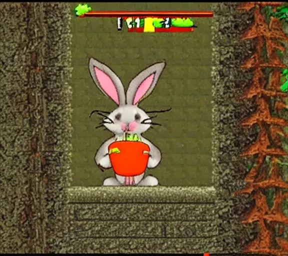 Image similar to a bunny holding a carrot in a forest, screenshot of a 1994 PS1 game
