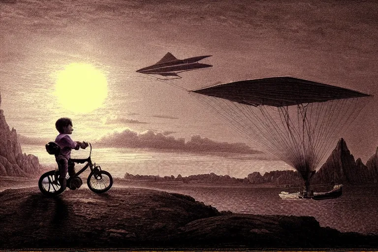 Prompt: kid rides a bicycle waving good bye to the airship at sunset, in the style of gustav dore, intricate and epic composition, purple by caravaggio, insanely quality, highly detailed, masterpiece, purple light, artstation, 4 k