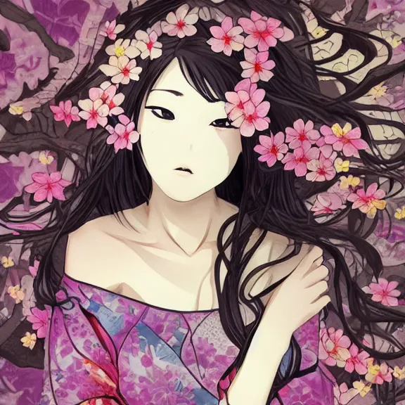 Image similar to landscape， stencil, anime, traditional Japanese, beautiful portrait of a girl surrounded by flowers, half of her body in a lotus pond,by artgerm， by Førtifem, digital art, purple color scheme