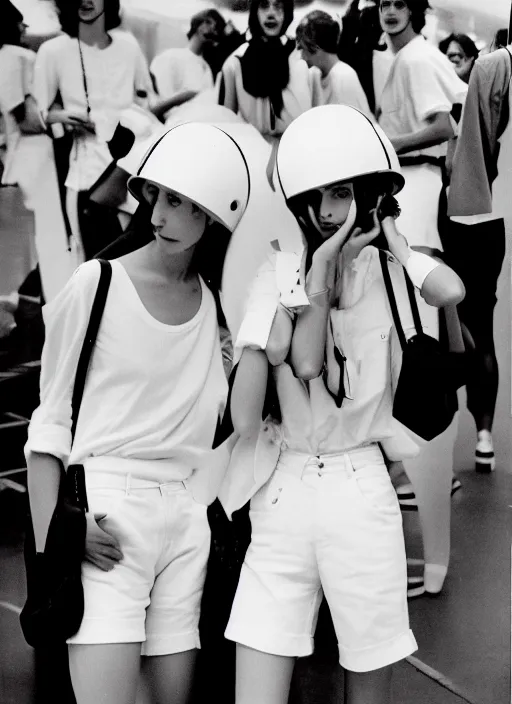 Image similar to realistic photo portrait of the university students wearing white shorts, dressed in white spherical helmets, fashion catwalk 1 9 9 0, life magazine reportage photo