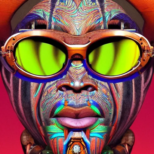 Prompt: colourful vfx upper half - portrait - art of a african tribal chief wearing steam punk goggles, art by utagawa kunisada & james jean, symmetrical, intricate detail, concept art, volumetric light, ray tracing, caricature, digital illustration, octane 3 d render, unreal engine, sharp, pinterest, behance, art station,