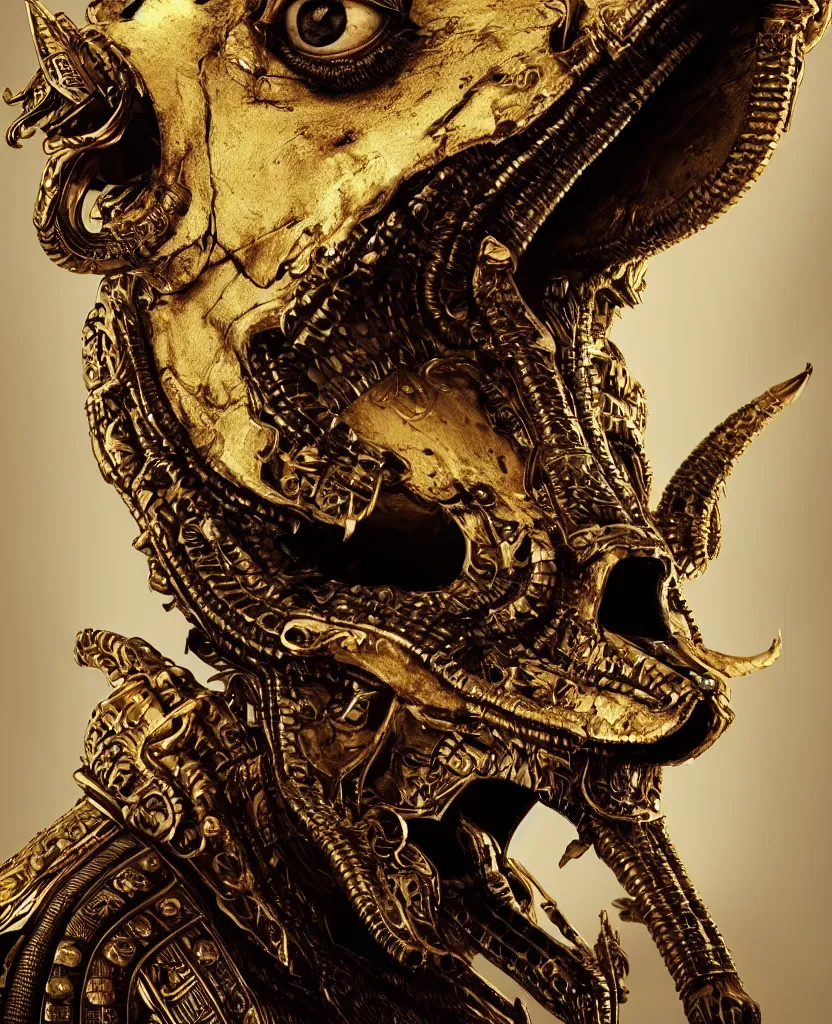 Image similar to Photorealistic epic egyptian god face close-up portrait ram skull, jackal skull, gold. ominous, ancient magic, intricate artwork by Tooth Wu and wlop and beeple and ryohei hase. octane render, trending on artstation, greg rutkowski very coherent symmetrical artwork. cinematic, hyper realism, high detail, octane render, 8k