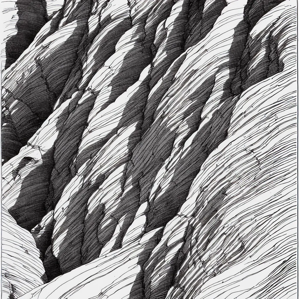 Image similar to slot canyons by moebius, minimalist ink drawing with long lines