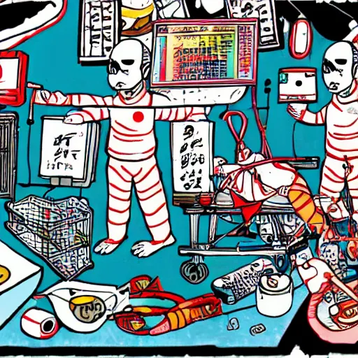 Image similar to chinese surgery operating table, in the style of daniel johnston and outsider art, 8k, line brush, overlaid with chinese adverts