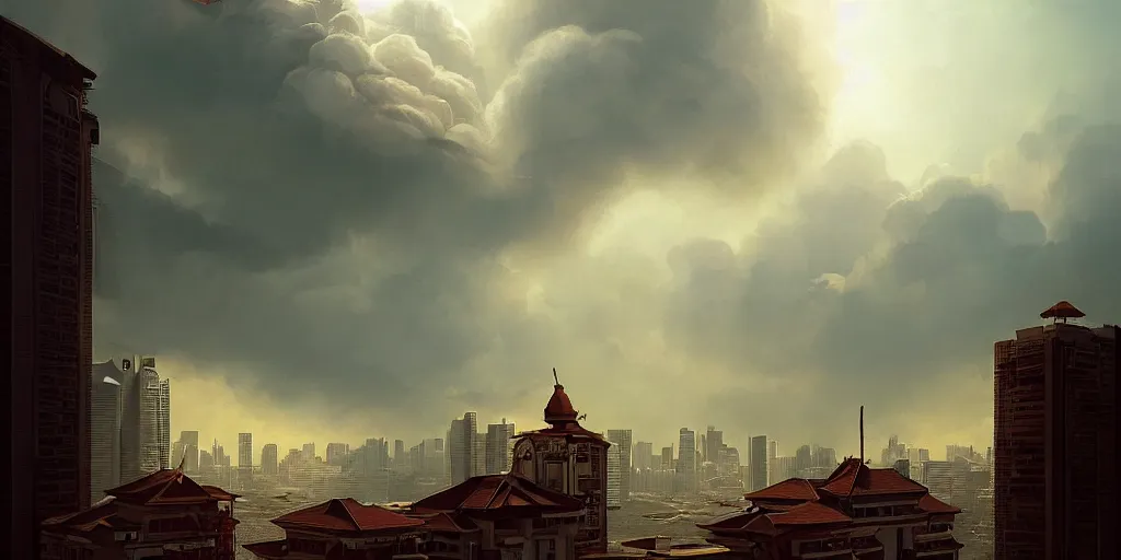 Prompt: Singapore city with a lion-shaped!!!!! cloud in the sky, by greg rutkowski, red and white lighting, digital art, ultra realistic, ultra detailed, photorealistic, 4k, character concept