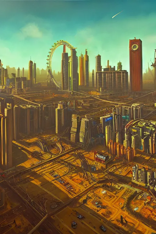 Prompt: downtown london in a redwood solar punk vision, oil on canvas by klaus burgle, simon stalenhag, ultra - realistic 3 d depth shading