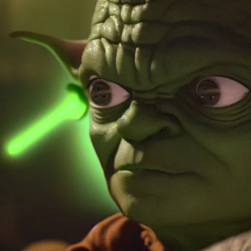 Image similar to yoda as the hulk, splash art, movie still, cinematic lighting, dramatic, octane render, long lens, shallow depth of field, bokeh, anamorphic lens flare, 8 k, hyper detailed, 3 5 mm film grain