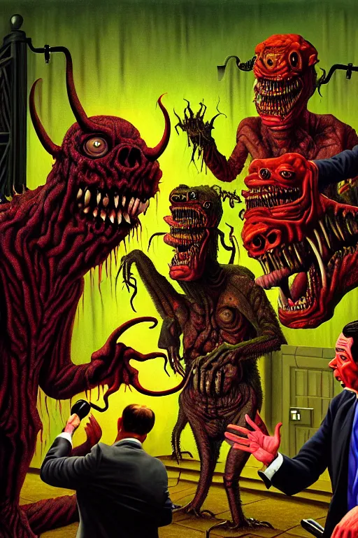 Image similar to a hyperrealistic painting of a news reporter interviewing monsters at the gates of hell, cinematic horror by jimmy alonzo, the art of skinner, chris cunningham, lisa frank, richard corben, highly detailed, vivid color,