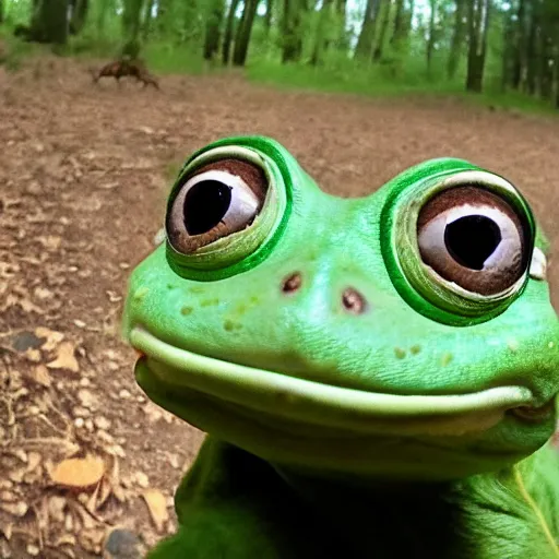 Prompt: trail cam footage of pepe the frog