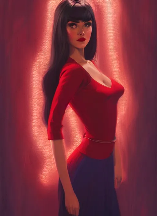 Image similar to portrait of veronica lodge with bangs, 1 9 6 0 s, long hair, red clothes, bangs, intricate, elegant, glowing lights, highly detailed, digital painting, artstation, concept art, smooth, sharp focus, illustration, art by wlop, mars ravelo and greg rutkowski