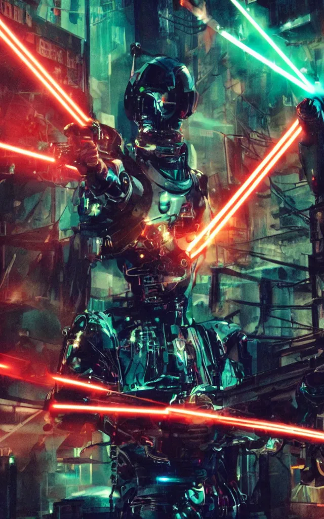 Prompt: Cybernetic Pope shooting bright cross shaped lasers, 80s, science fiction, cyberpunk, neon, low angle shot, cross, pope, movie poster, futuristic