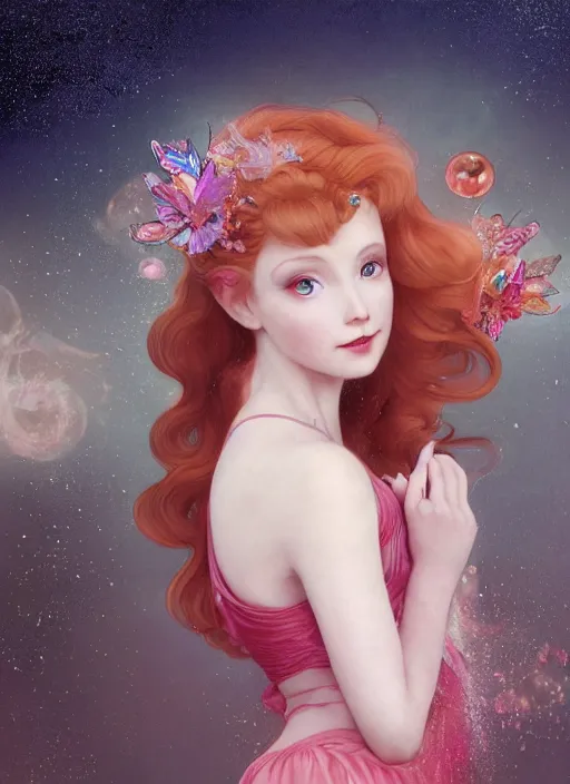 Image similar to portrait of a red - headed early thirties fairy, pixie, fae, imp, sprite in double bun hairstyle and sparkly, gleam baby pink coral outfit, elegant, intricate, highly detailed, smooth, sharp focus, ethereal, misty, fireflies in the backdrop. octane render, pastel color scheme, by hayao miyazaki and alphonse mucha.