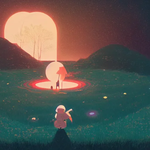 Image similar to A rabbit full of hope, looking for a black hole in an infinite time loop by Victo Ngai and Ghibli andlisk feng and atey ghailan