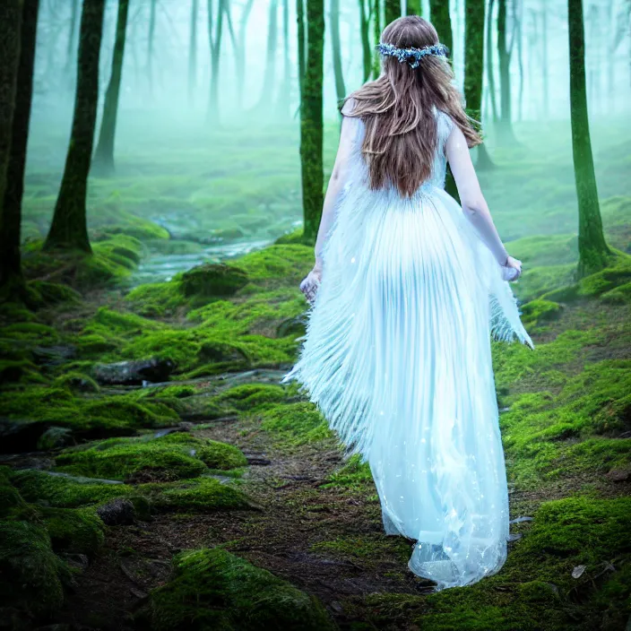 Image similar to photograph of a real-life beautiful ice queen with ornate white dress walking through an ethereal forest. Extremely detailed. 8k