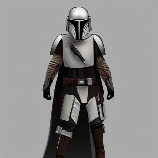 Image similar to a robed, hooded jedi knight wearing a mandalorian mask, concept art