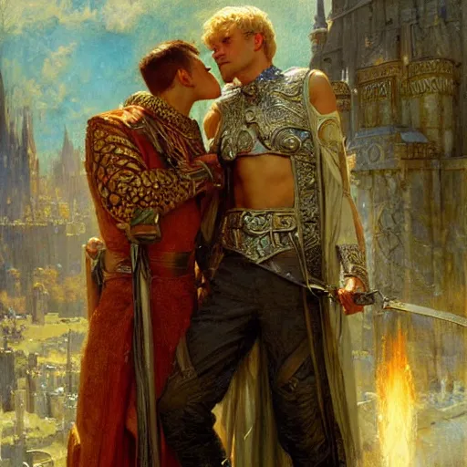 Image similar to stunning arthur pendragon in love with stunning male merlin the mage. they are close to each other. highly detailed painting by gaston bussiere, craig mullins, j. c. leyendecker