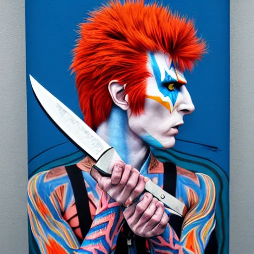 Image similar to Ziggy Stardust holding a Bowie knife, james jean, fist