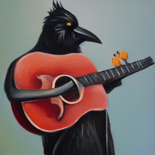 Prompt: oil painting of anthropomorphic crow guitarist, trending on artstation, masterpiece, award winning