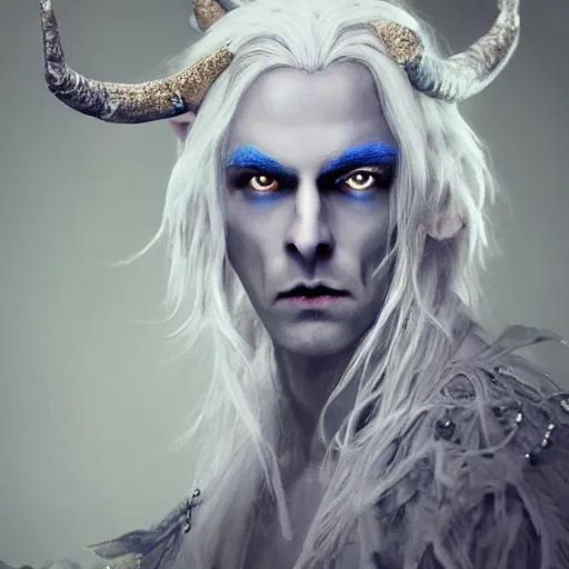 Prompt: the frightening archfey called'the prince of frost ', fantasy, white hair, blue skin, middle - age, elf, crown, trending on cgsociety