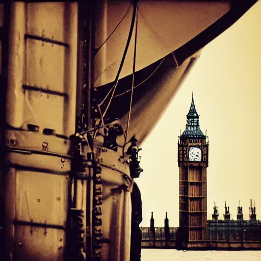 Image similar to Colour photo of steampunk airship docking at Big Ben