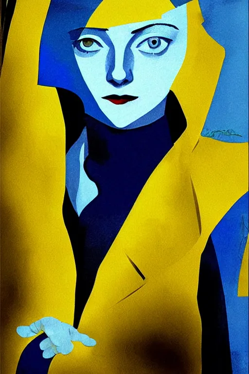 Image similar to Dakota Fanning with short blue hair wearing a yellow trenchcoat by Dave McKean