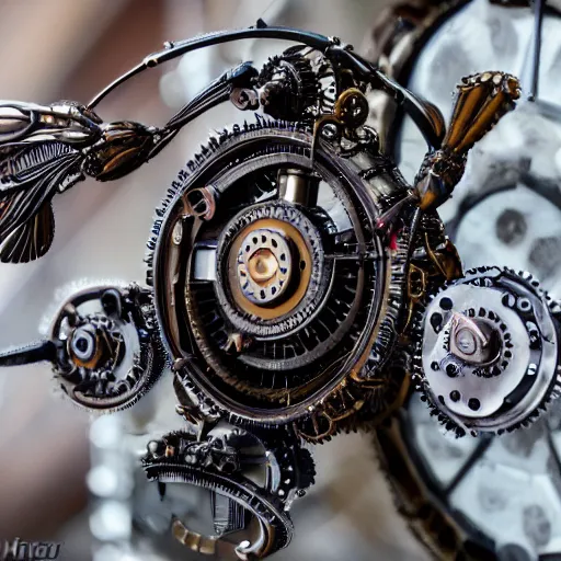 Prompt: Picture of a mechanical steampunk cicada, gears, beautiful piece of technology, ultrarealistic, 8k, photography