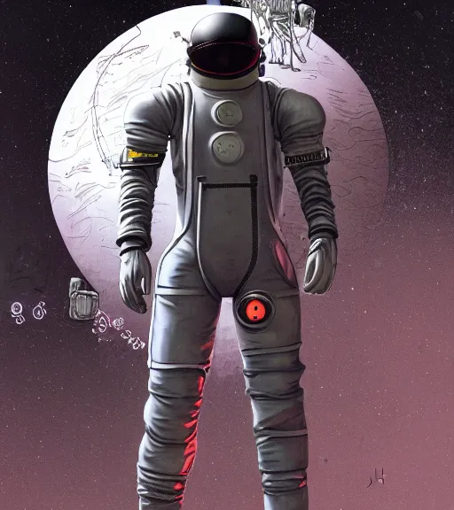 Prompt: realistic cyberpunk engineer with long limbs and a black spacesuit on a spacewalk, techwear, dead space, visible face, Industrial Scifi, detailed illustration, character portrait, by Martin Grip and Moebius